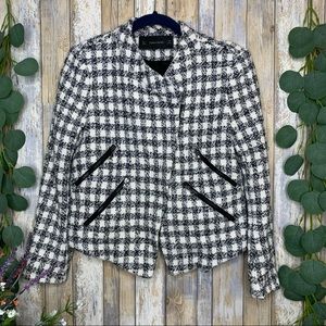 Zara Black & White Tweed Plaid Moto Jacket